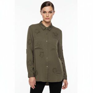 P CILL Top Size Large Army Green Distressed Applique Stars Chambray Long Sleeve